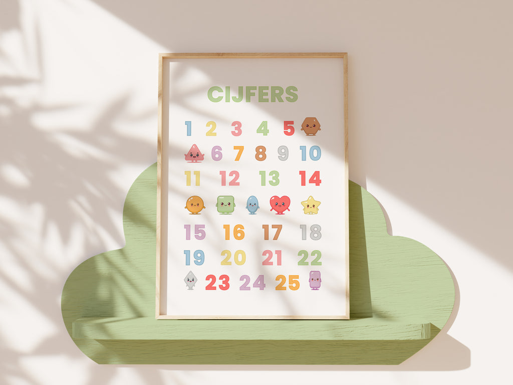 Premium kunstplakater til børn i kawaii-stil – Læring med farver, former og bogstaver (sæt med 6 dele inklusive ramme)