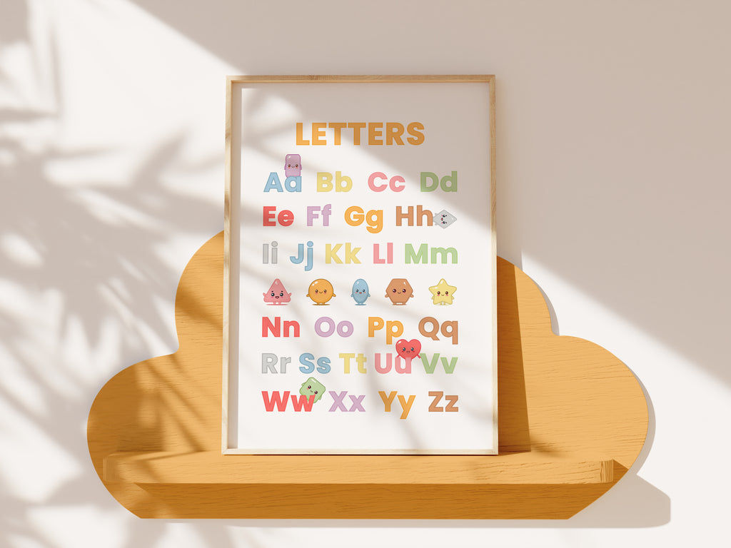 Premium kunstplakater til børn i kawaii-stil – Læring med farver, former og bogstaver (sæt med 6 dele inklusive ramme)