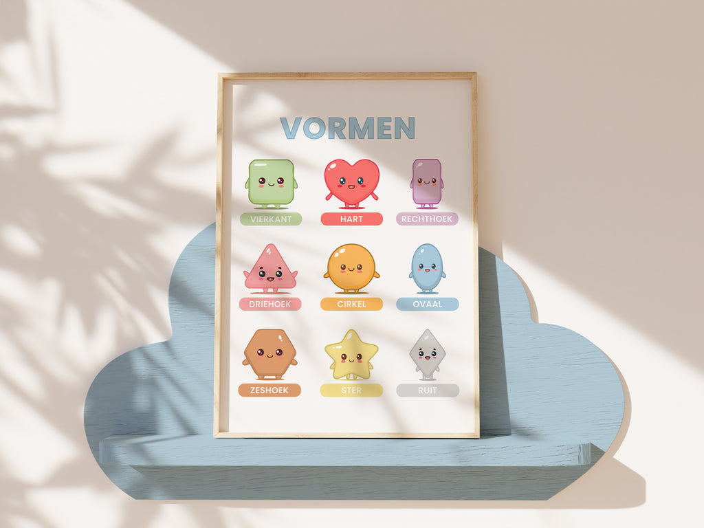 Premium kunstplakater til børn i kawaii-stil – Læring med farver, former og bogstaver (sæt med 6 dele inklusive ramme)