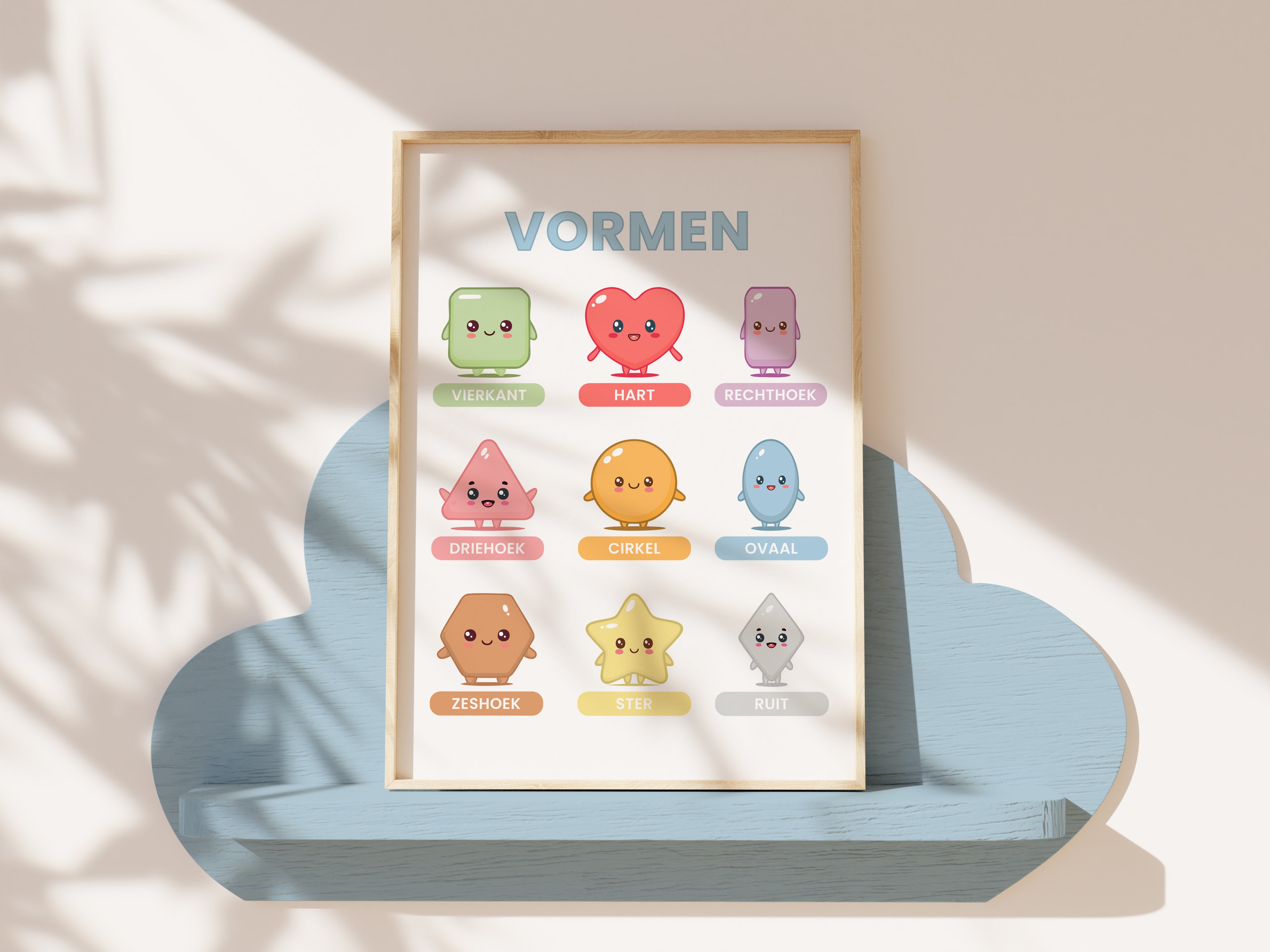 Premium kunstplakater til børn i kawaii-stil – Læring med farver, former og bogstaver (sæt med 6 dele inklusive ramme)