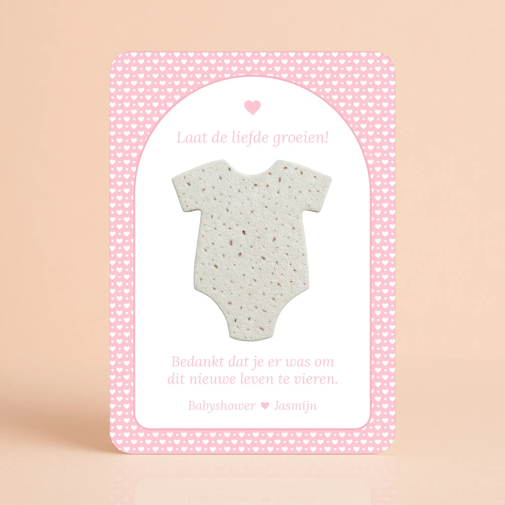 Babyshower cadeau en bedankje met zaadpapier Rompertje Roze Hartjes -gepersonaliseerd kaartje met romper van zaadpapier, Studio Miron