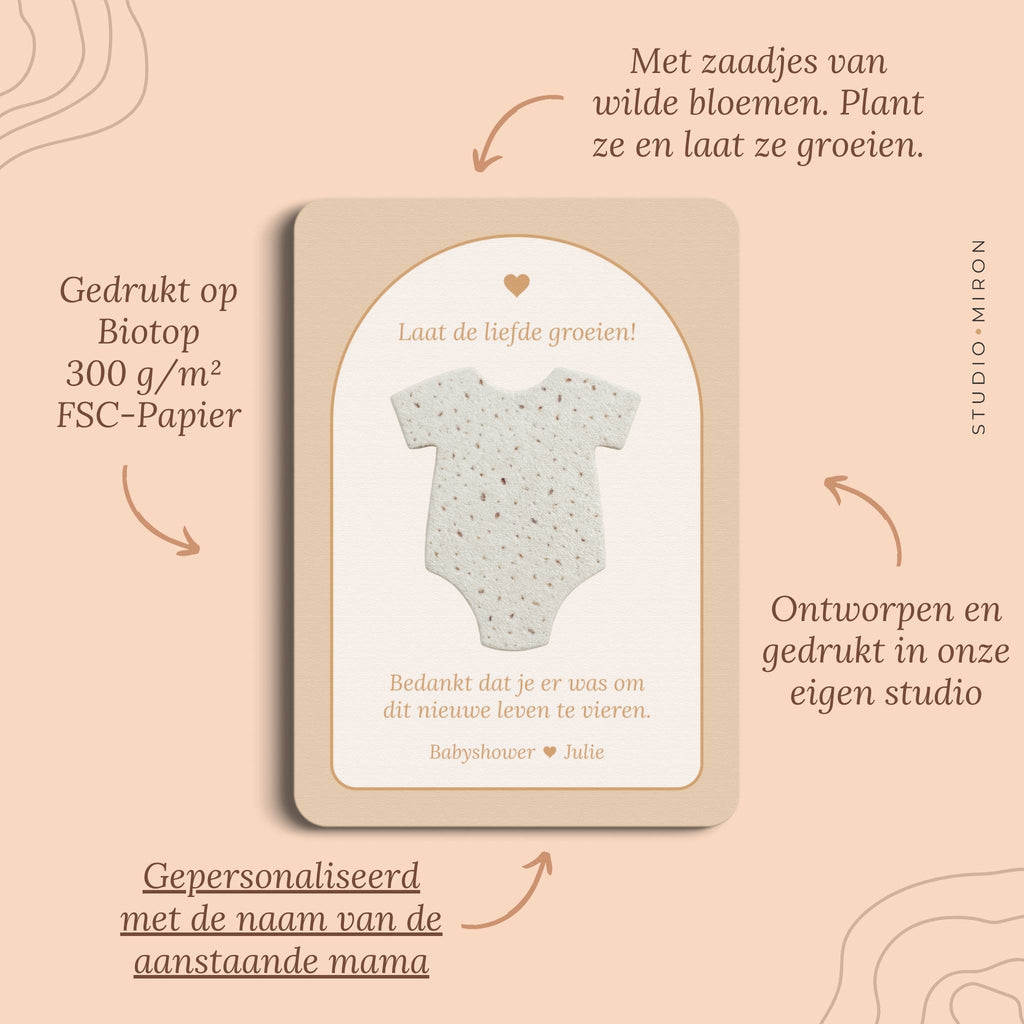 Babyshower cadeau Zaadpapier Rompertje in Boho Zand Beer stijl, pluspunten – Studio Miron