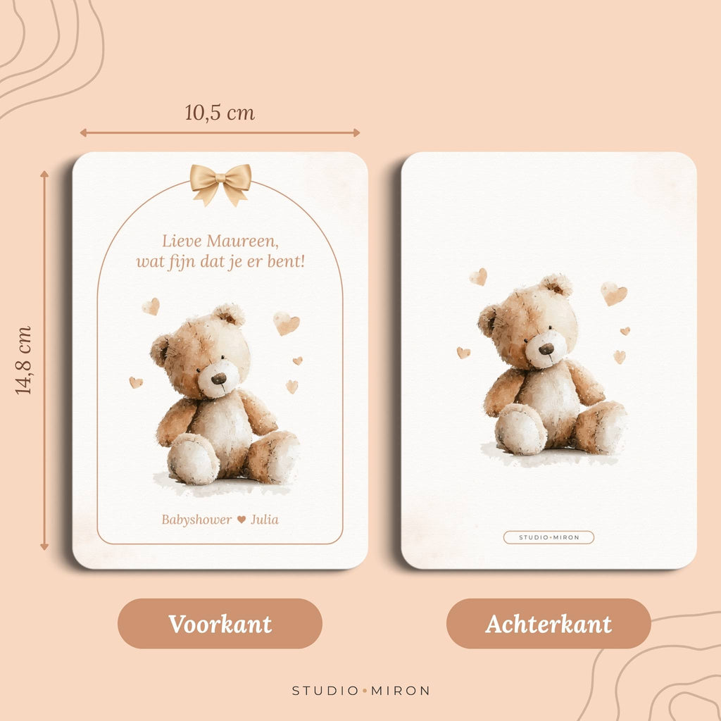 Babyshower decoratie Welkomstposter en Naamkaart in Boho Beige Beertje stijl, formaat voorkant en achterkant – Studio Miron