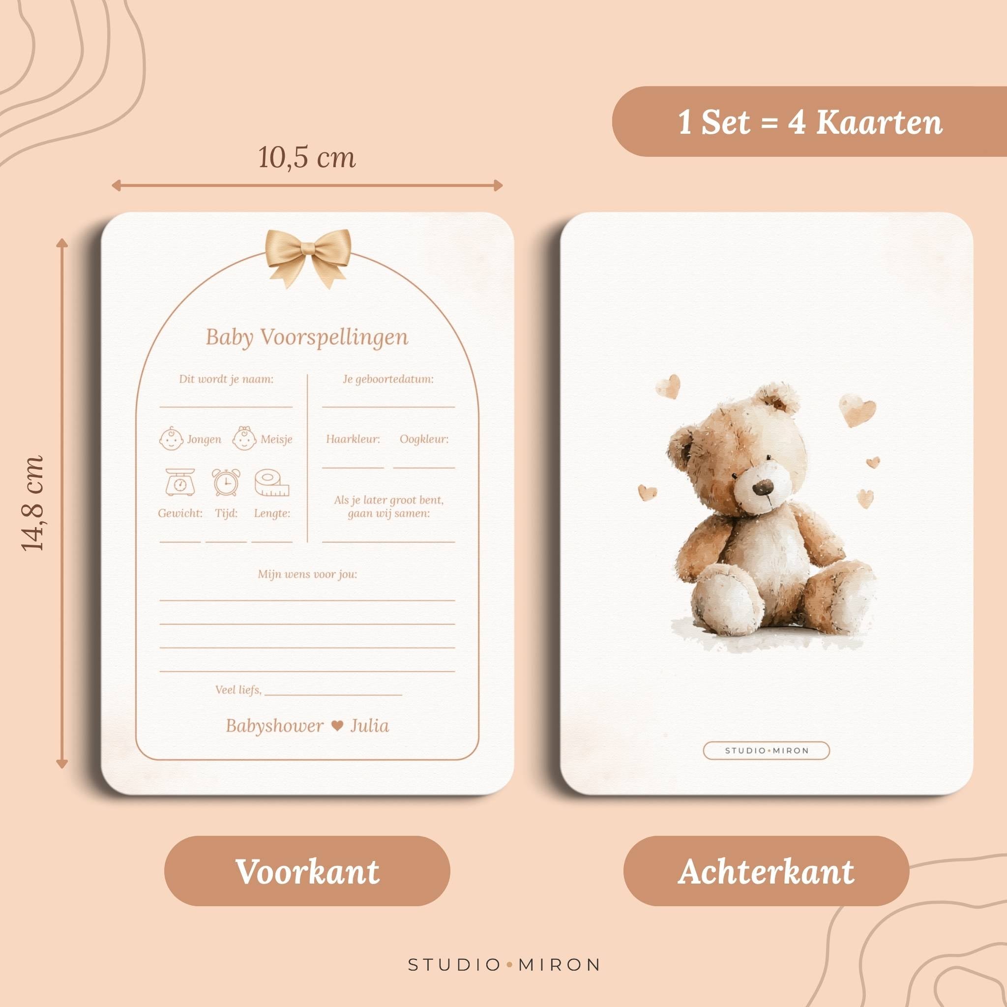 Babyshower invulkaart Baby Voorspellingen in Boho Beige Beer stijl met formaat en achterkant, Studio Miron
