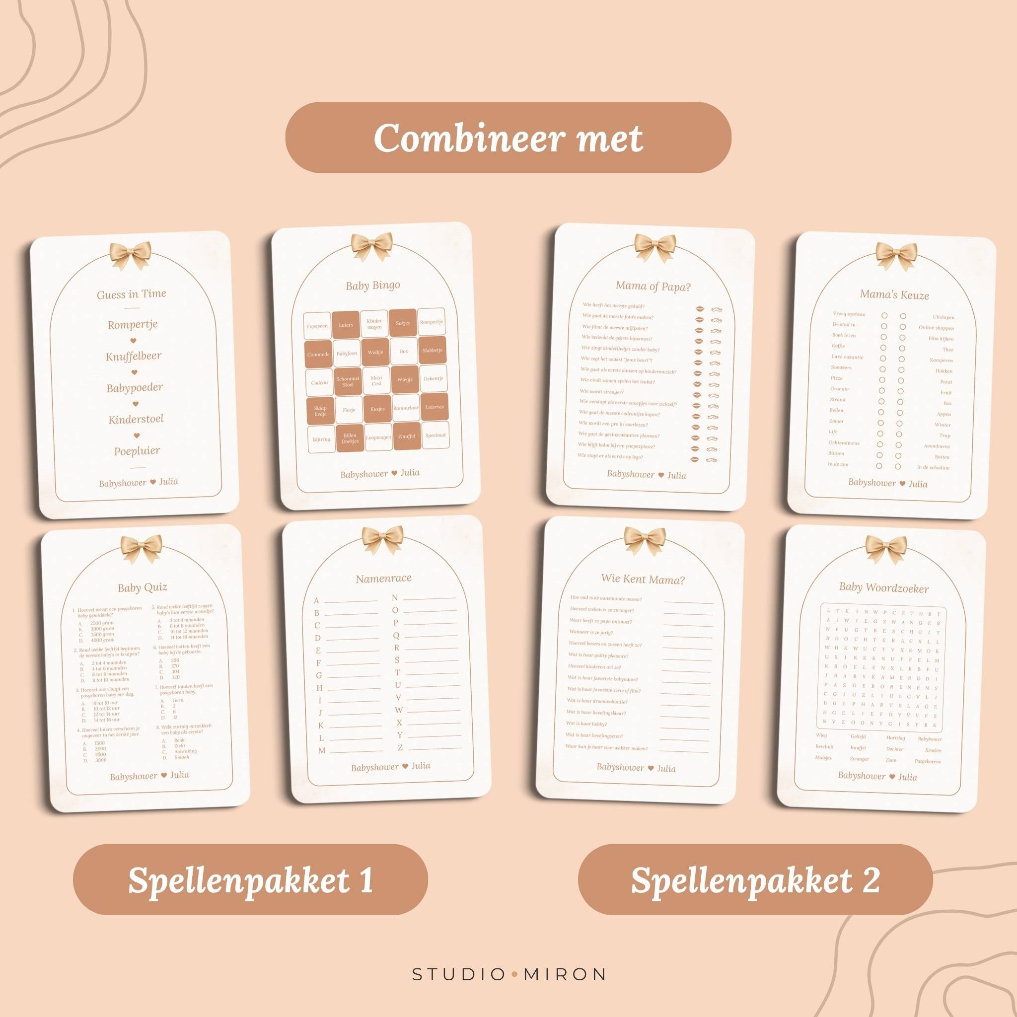 Babyshower invulkaarten combineren met Spellenpakket 1 en 2 in Boho Beige Beer stijl van Studio Miron