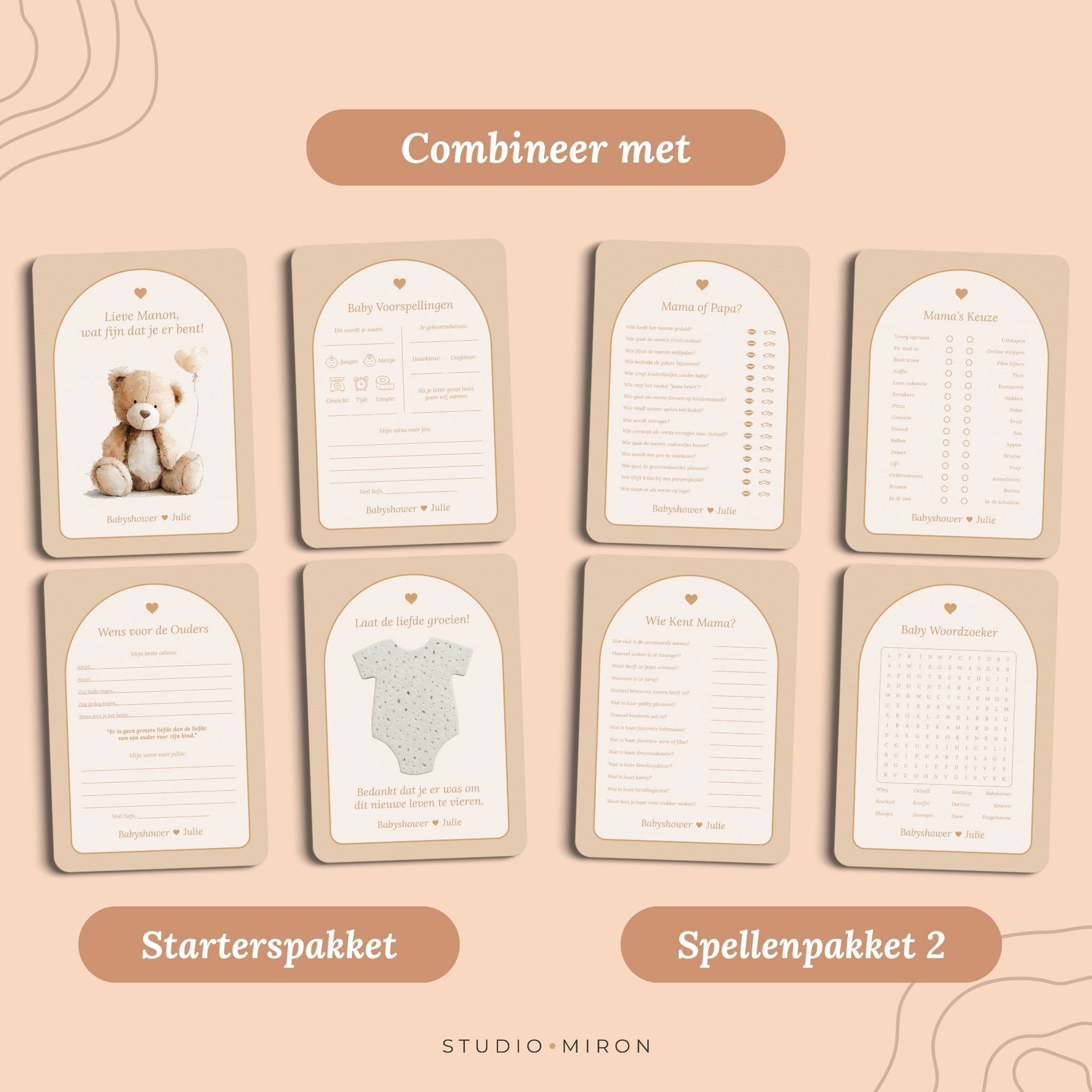 Babyshower invulkaarten Combineer met Starterspakket en Spellenpakket 2 in Boho Beige Zand stijl – Studio Miron