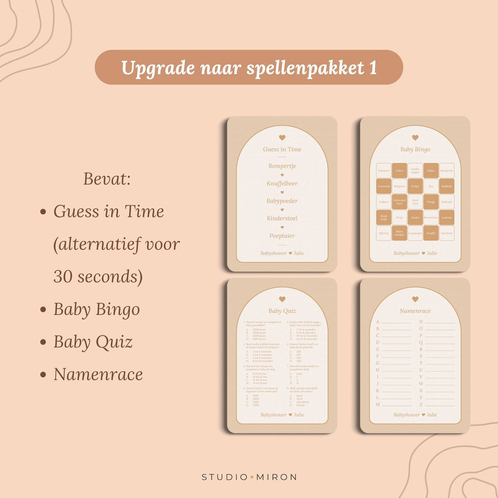 Babyshower invulkaarten Upgrade naar Spellenpakket 1 in Boho Beige Zand stijl – Studio Miron