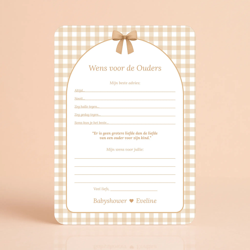 Babyshower invulkaart Wens voor de Ouders in Gingham Bruin stijl, gepersonaliseerd – Studio Miron