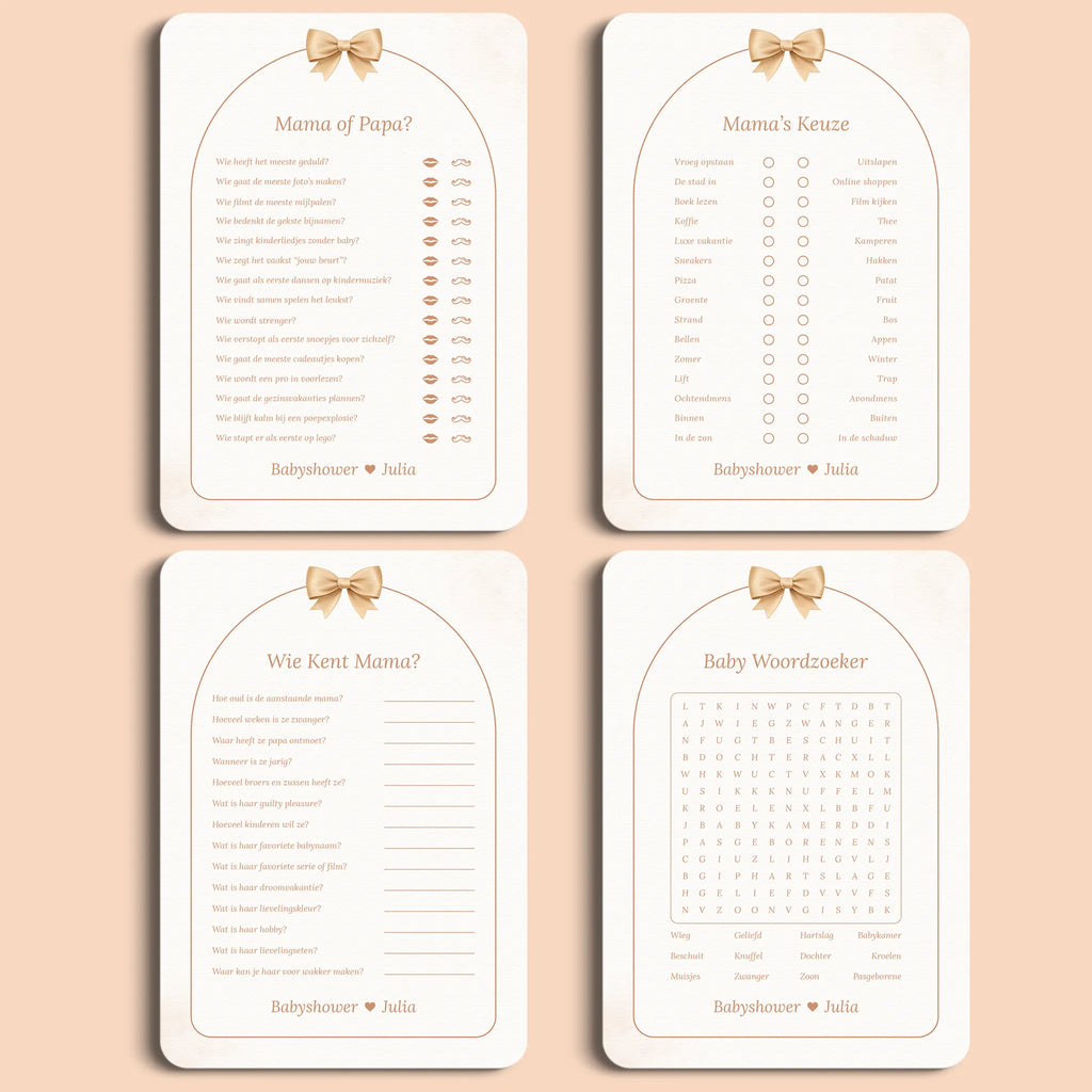 Babyshower Spellenpakket 2 in Boho Strik stijl, inclusief vier babyshower spellen – Studio Miron