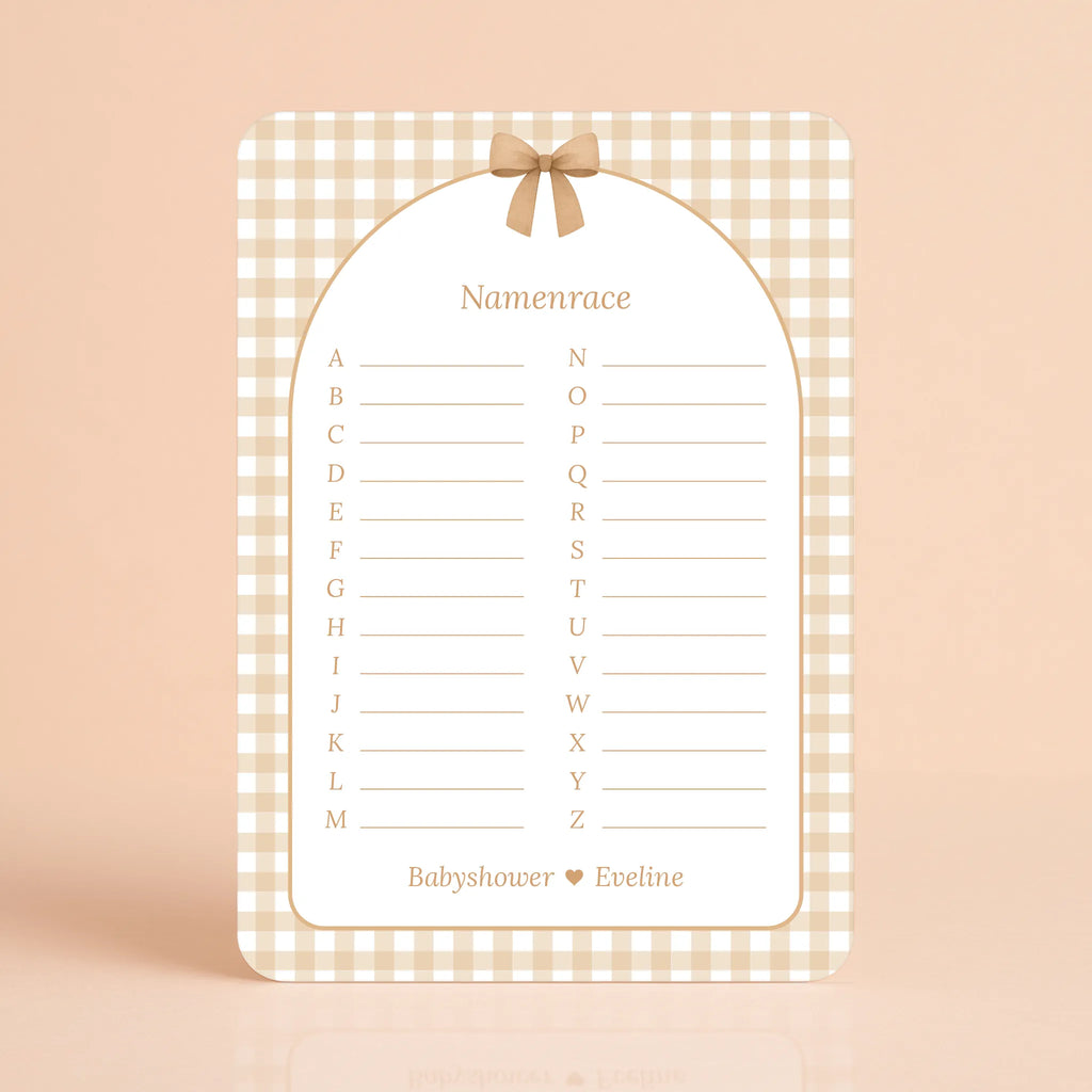 Babyshower spelkaart Namenrace in Gingham Bruin stijl, gepersonaliseerd met naam – Studio Miron