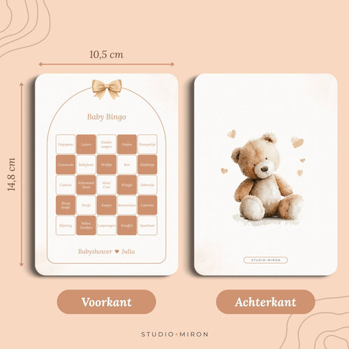 Babyshower spel Baby Bingo in Boho Beige Beertje stijl, formaat voorkant en achterkant – Studio Miron