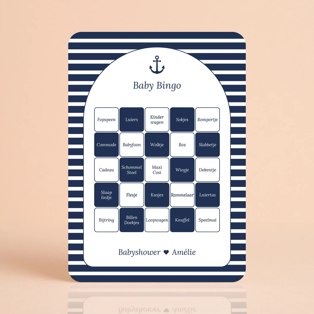 Babyshower spelkaart Baby Bingo in Navy Blue stijl, gepersonaliseerd met naam – Studio Miron