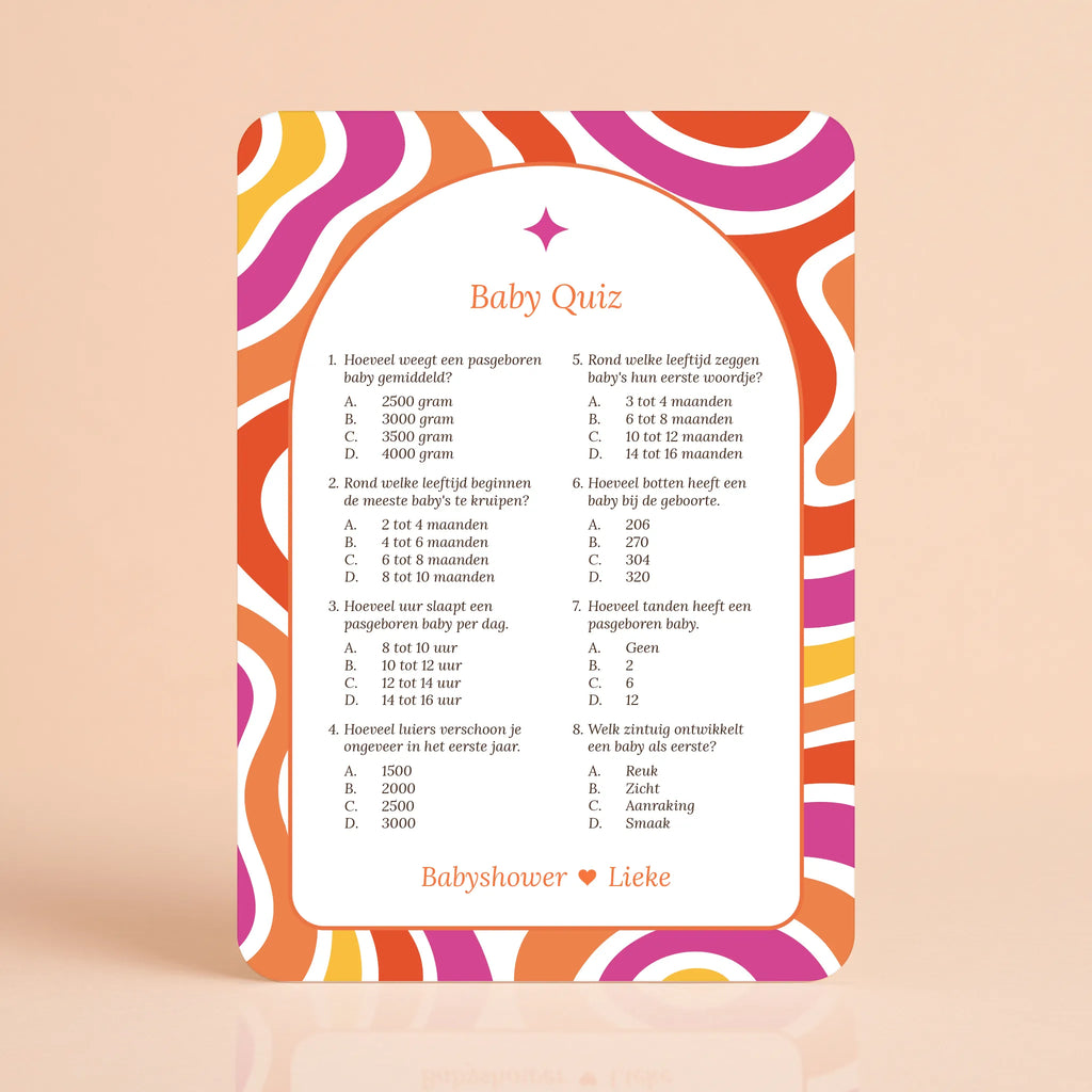 Babyshower spelkaart Baby Quiz in Flower Power stijl, gepersonaliseerd met naam – Studio Miron