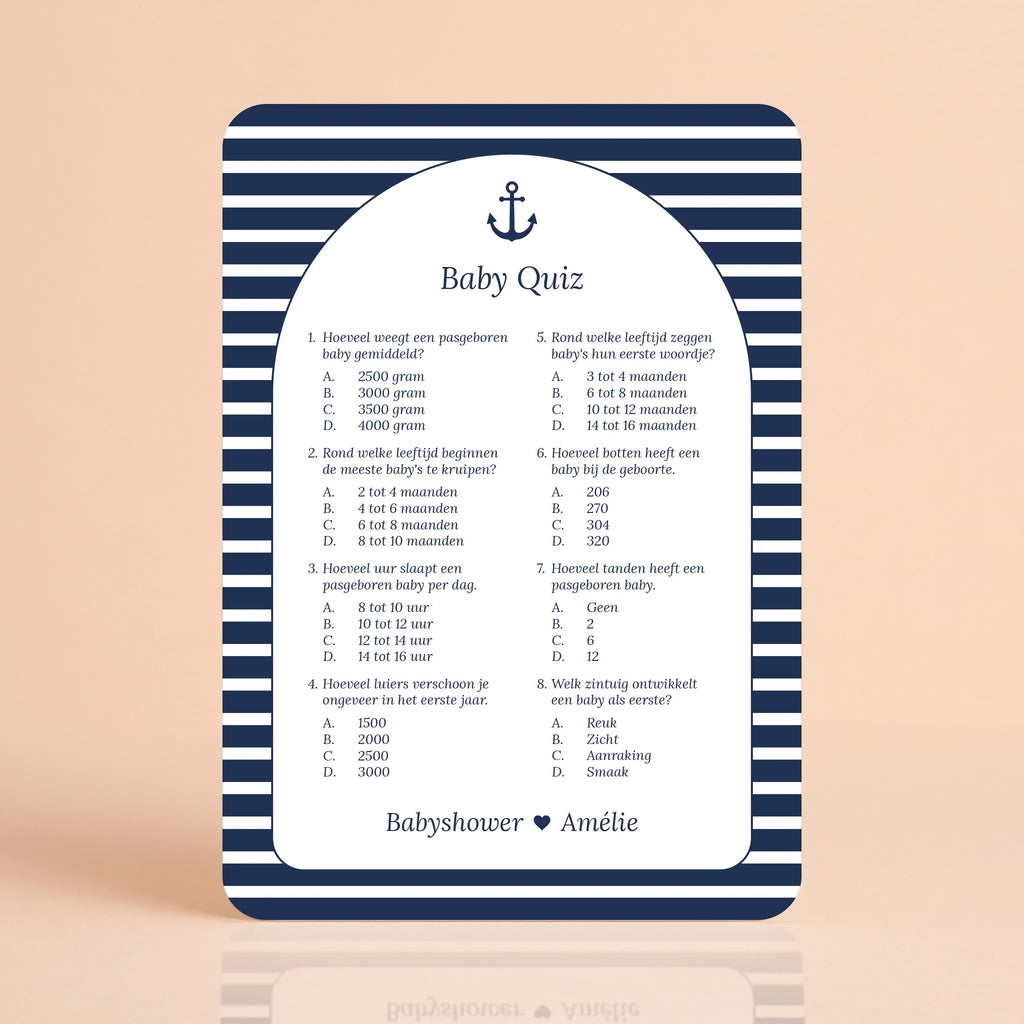 Babyshower spelkaart Baby Quiz in Navy Blue stijl, gepersonaliseerd met naam – Studio Miron
