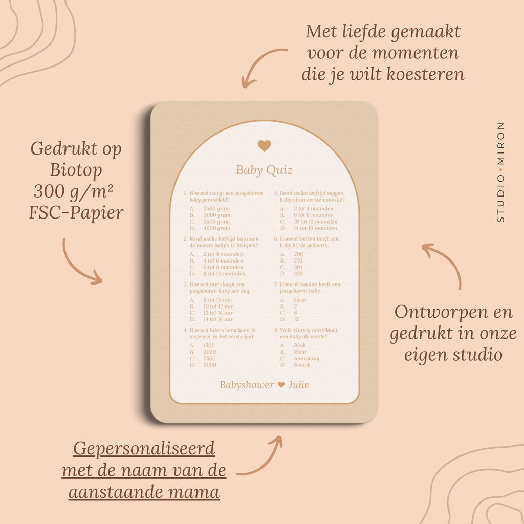 Babyshower spel Baby Quiz in Boho Zand Beer stijl, pluspunten – Studio Miron