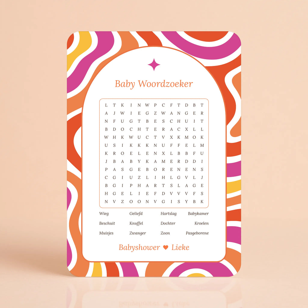 Babyshower spelkaart Baby Woordzoeker in Flower Power stijl, gepersonaliseerd met naam – Studio Miron