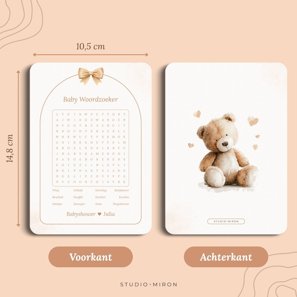 Babyshower spel Baby Woordzoeker in Boho Beige Beertje stijl, formaat voorkant en achterkant – Studio Miron