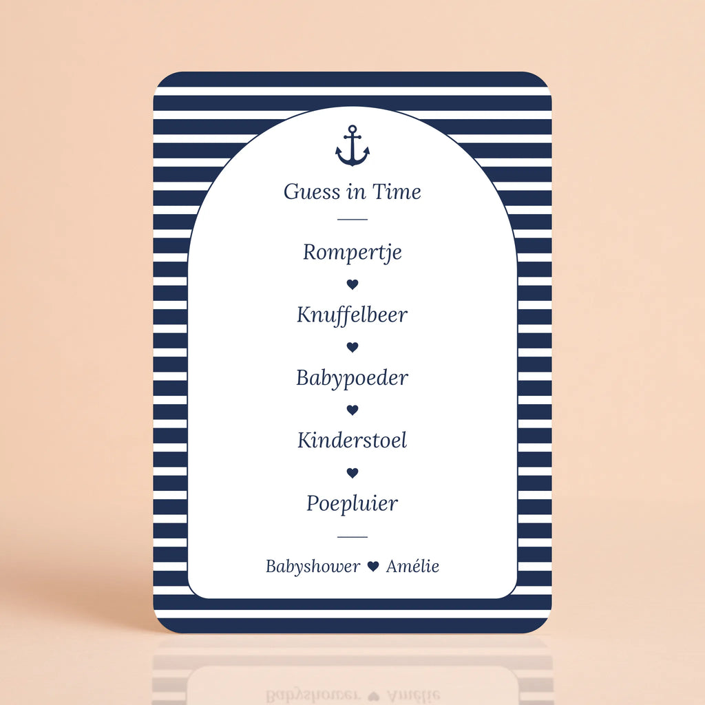 Babyshower spelkaart Guess in Time in Navy Blue stijl, gepersonaliseerd met naam – Studio Miron