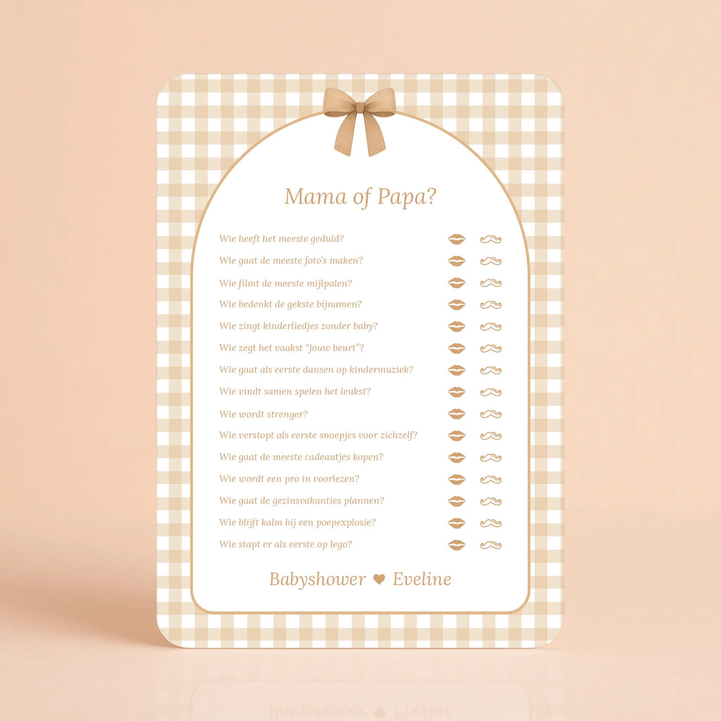 Babyshower spelkaart Mama of Papa in Gingham Bruin stijl, gepersonaliseerd met naam – Studio Miron