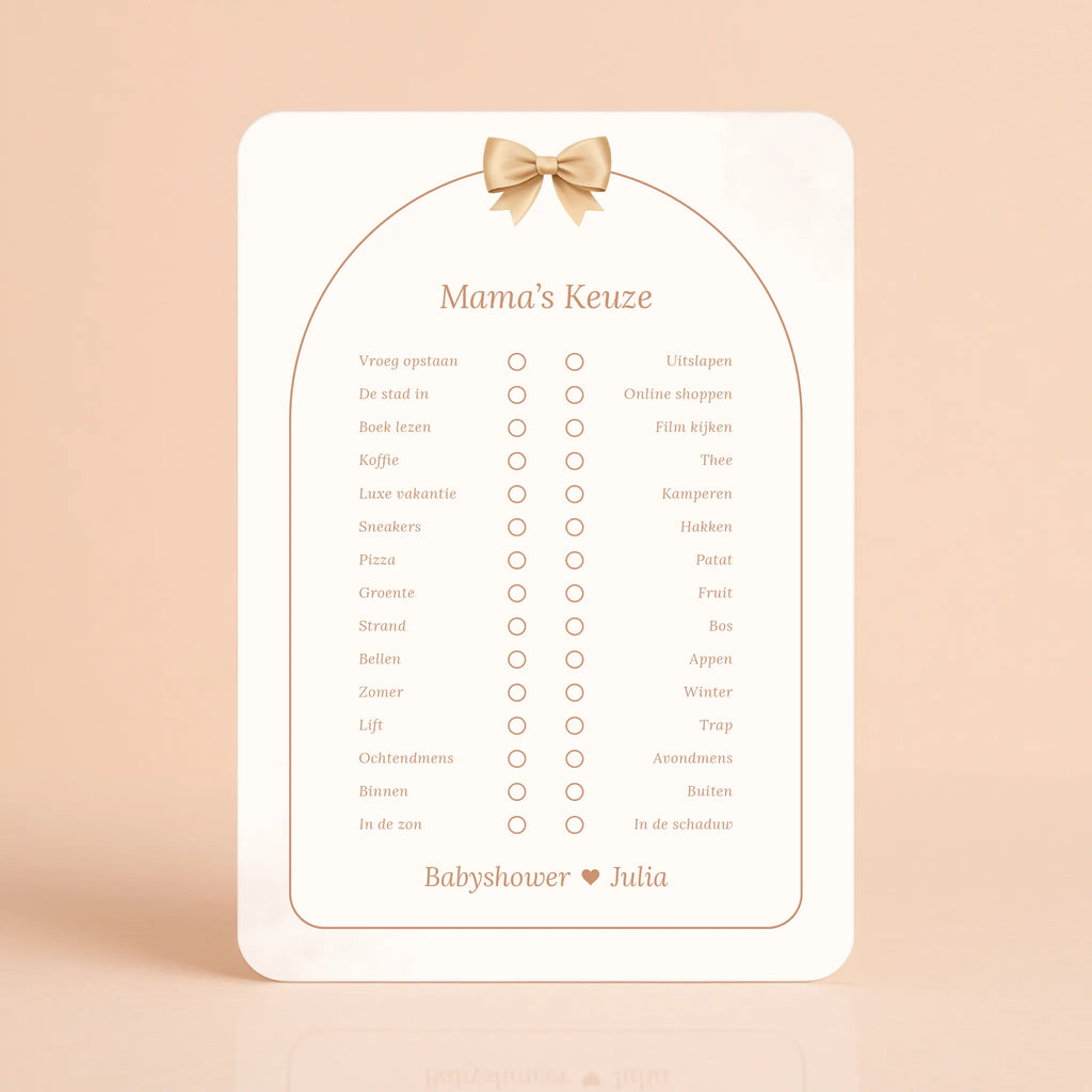 Babyshower spelkaart Mama’s Keuze in Boho Beige met Beertje stijl, gepersonaliseerd met naam – Studio Miron