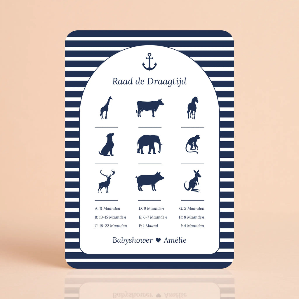 Babyshower spelkaart Raad de Draagtijd in Navy Blue stijl, gepersonaliseerd met naam – Studio Miron