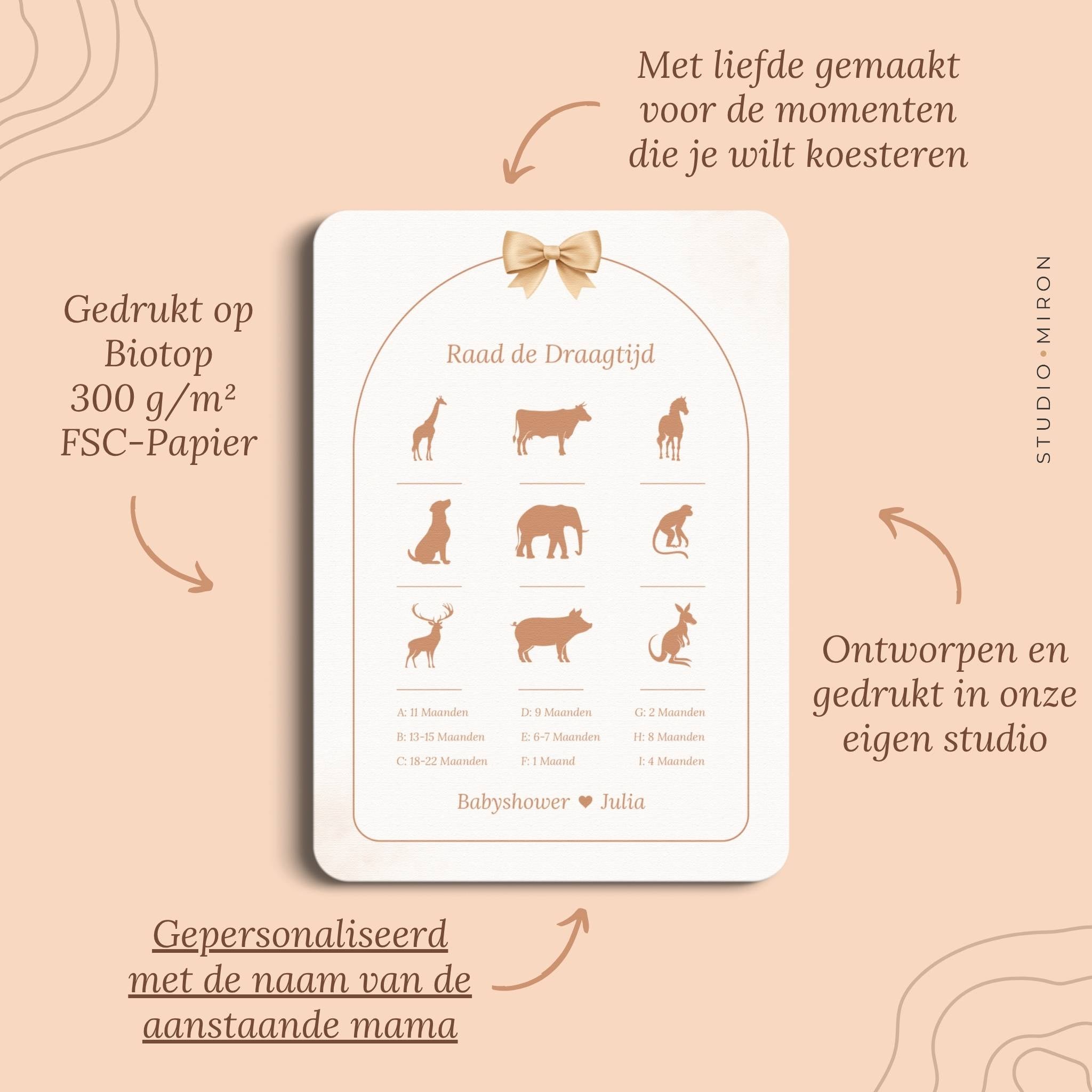 Babyshower spel Raad de Draagtijd in Boho Beige Beertje stijl, pluspunten – Studio Miron