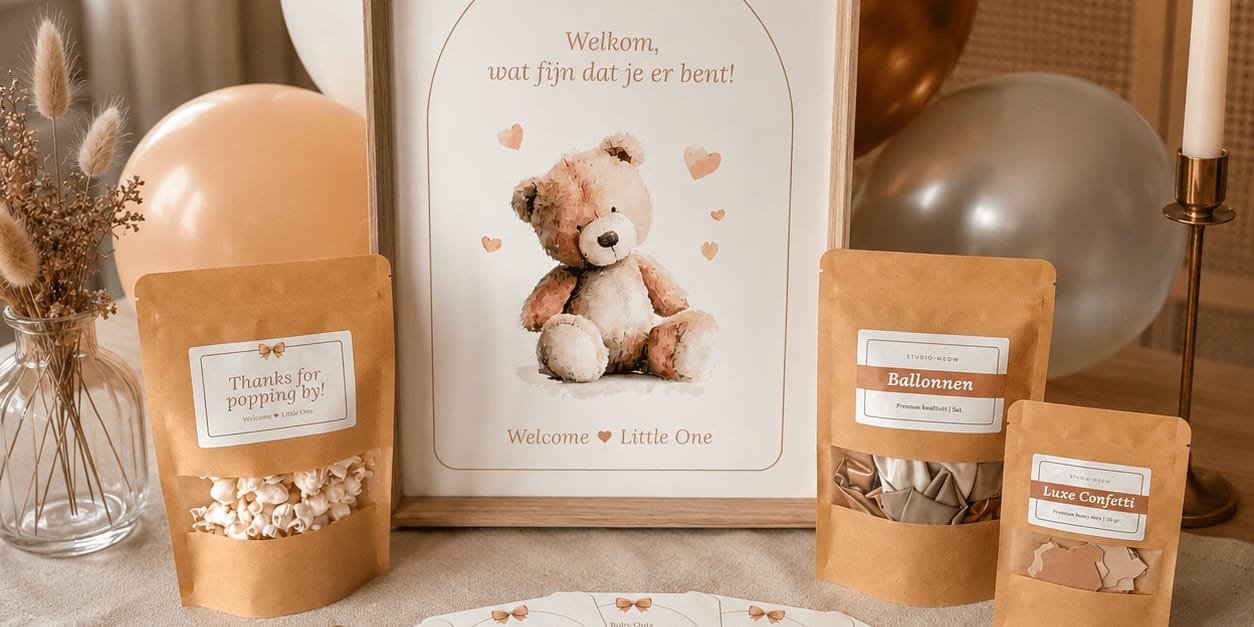 Babyshower-pakke i stilen Boho Beertje med velkomstplakat, udfyldningskort og pynt