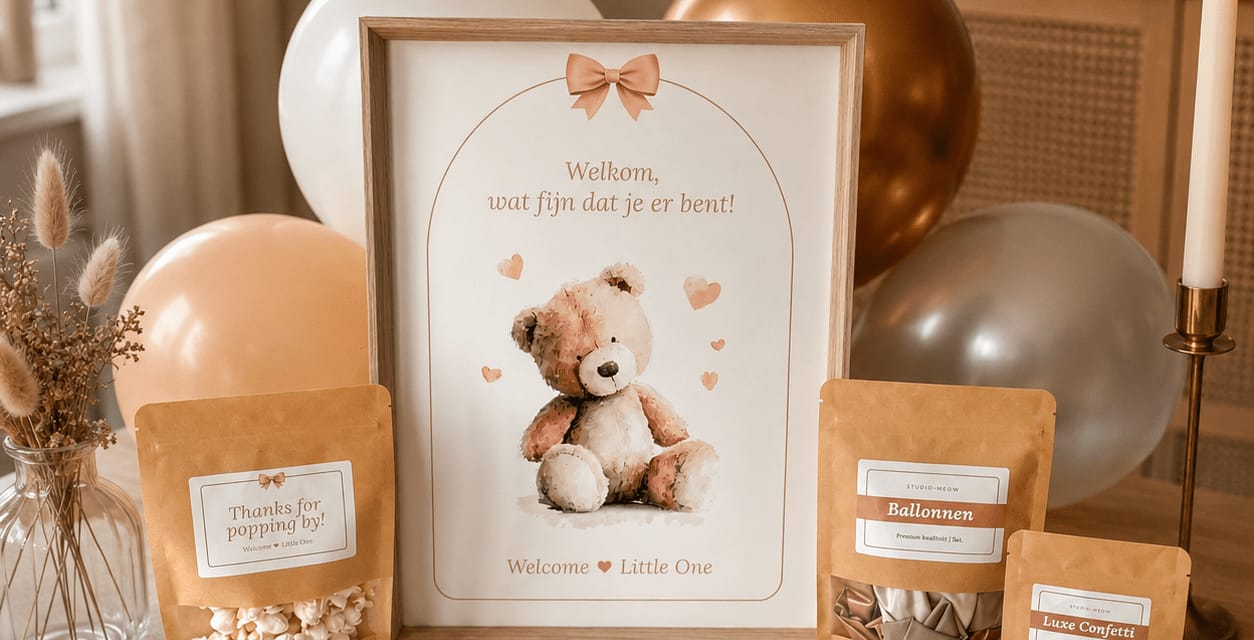 Babyshower-pakke i stilen Boho Beertje med velkomstplakat, udfyldningskort og pynt